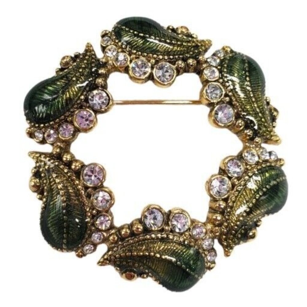 Vintage Monet Green Wreath Brooch Rhinestone Enamel Paisley Circle Gold Tone - Picture 2 of 9